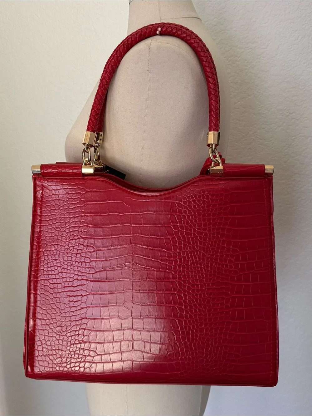 NWT BEBE Red Croc Embossed Handbag Braided Top Handles/Tassels/Crossbody Strap
